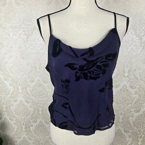 INC Size 10 Navy Blue Silk Blend Cowl Neck Top Spaghetti Straps Floral Velvet